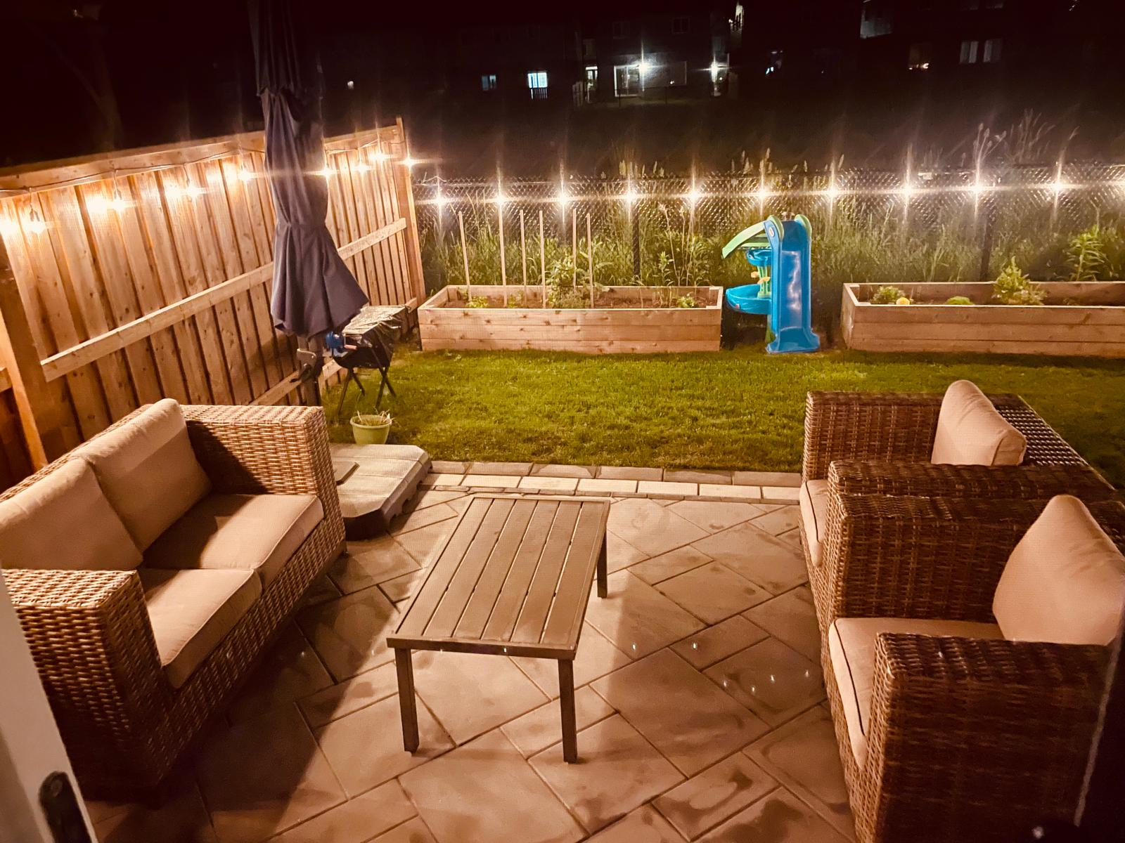 Modern backyard landscape with lush greenery and stone pathway